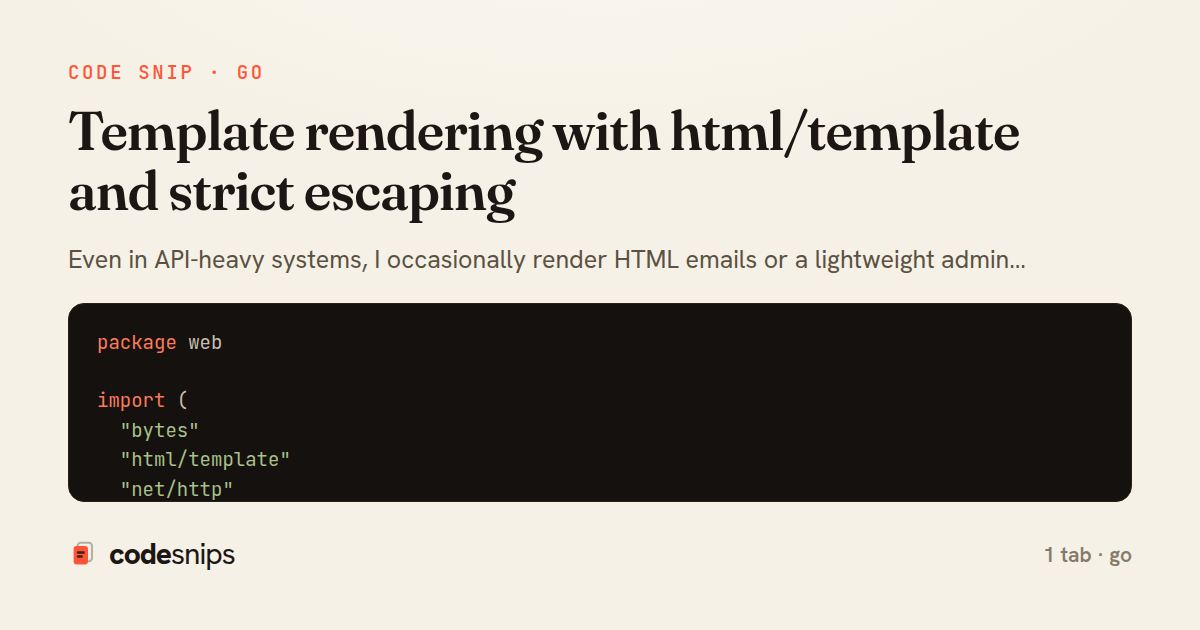 Template rendering with html/template and strict escaping — share card