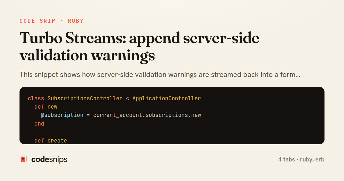 Turbo Streams: append server-side validation warnings — share card