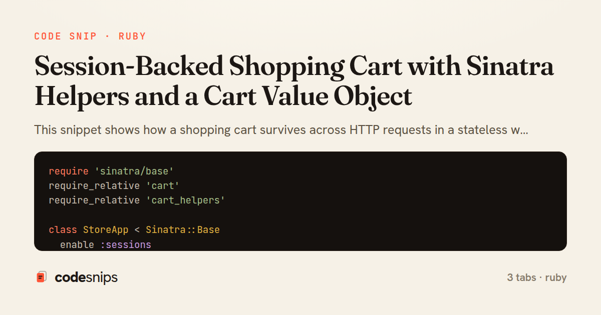 Session-Backed Shopping Cart with Sinatra Helpers and a Cart Value Object — share card