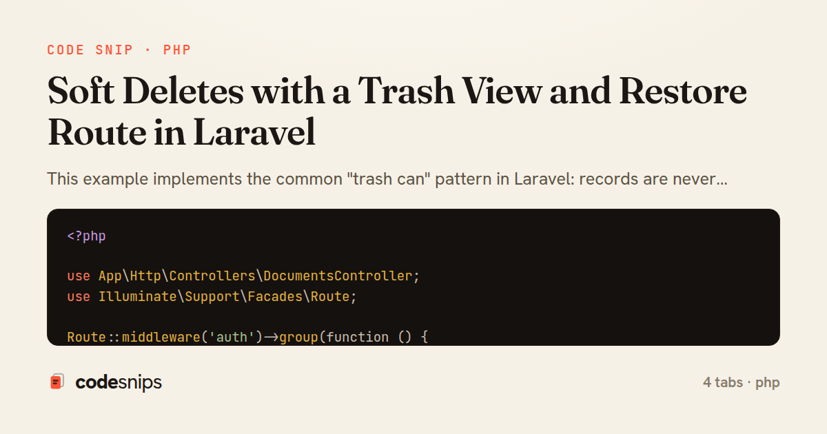 Soft Deletes with a Trash View and Restore Route in Laravel — share card