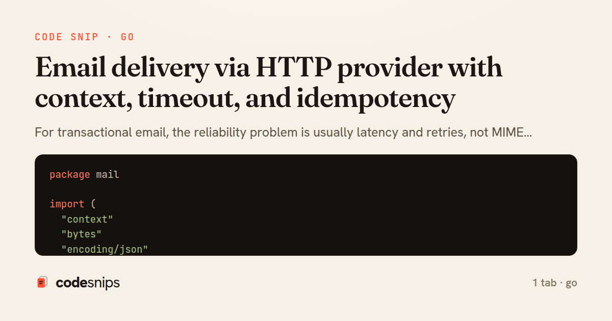 Email delivery via HTTP provider with context, timeout, and idempotency — share card