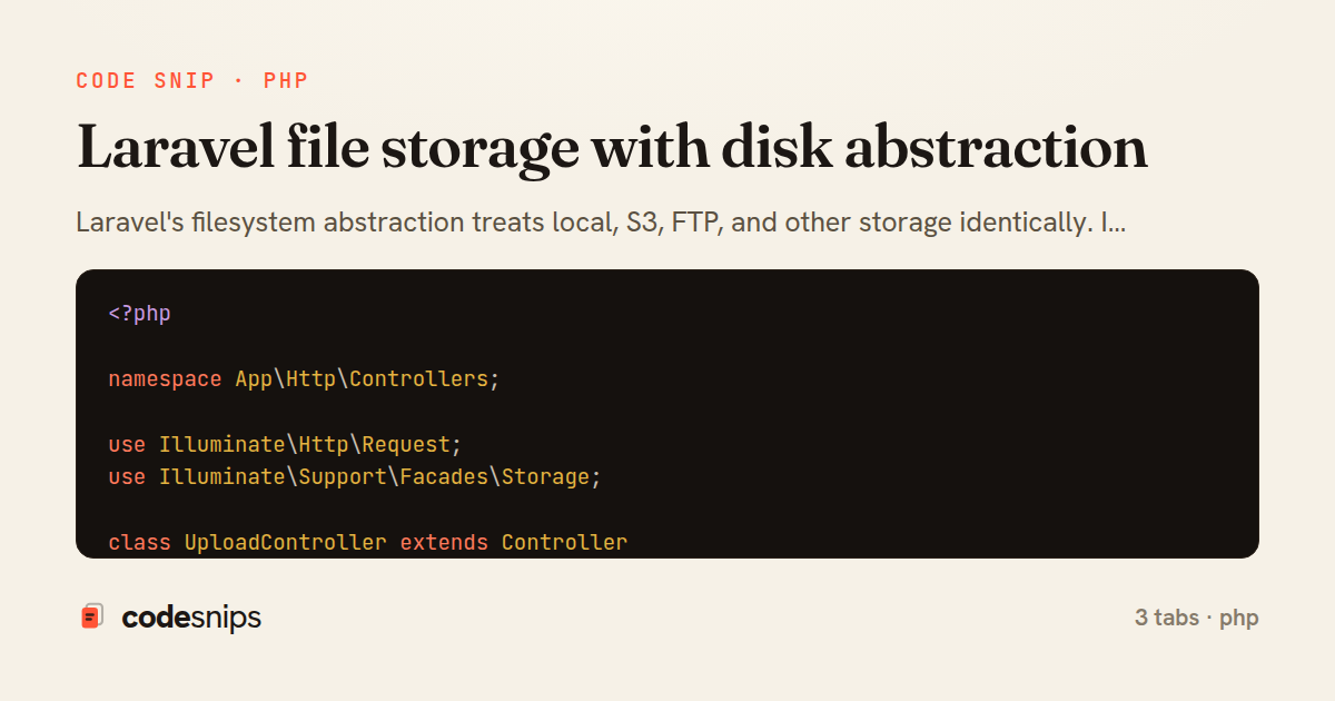 Laravel file storage with disk abstraction — share card
