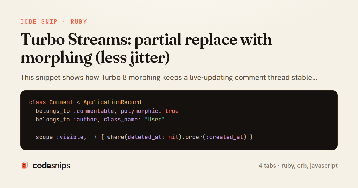 Turbo Streams: partial replace with morphing (less jitter) — share card