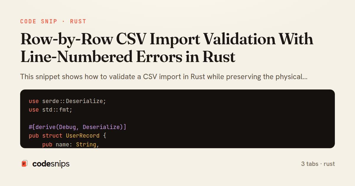 Row-by-Row CSV Import Validation With Line-Numbered Errors in Rust — share card
