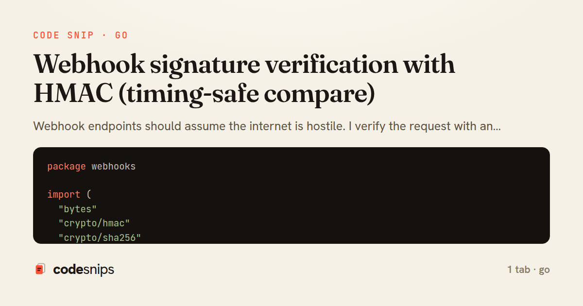 Webhook signature verification with HMAC (timing-safe compare) — share card