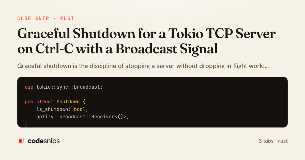 Graceful Shutdown for a Tokio TCP Server on Ctrl-C with a Broadcast Signal — share card