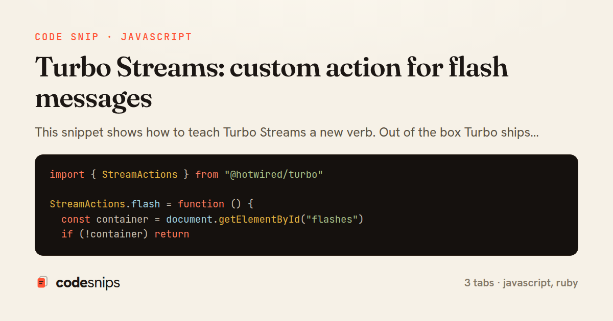 Turbo Streams: custom action for flash messages — share card