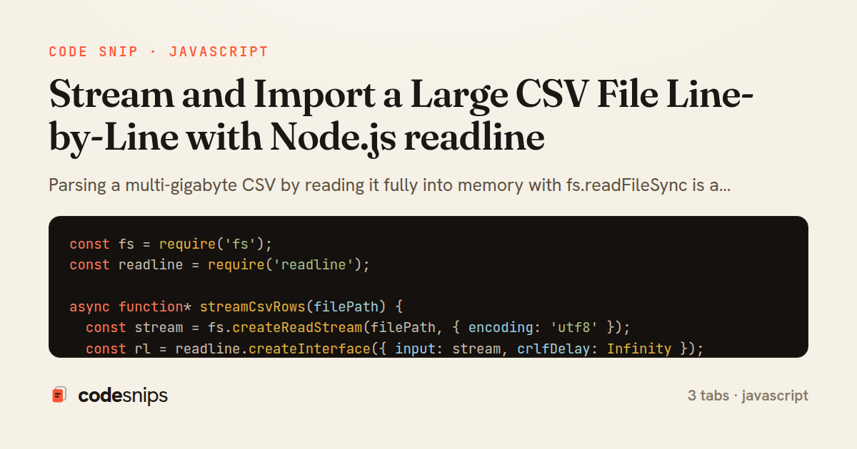 Stream and Import a Large CSV File Line-by-Line with Node.js readline — share card