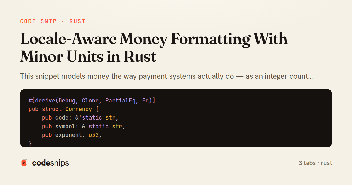 Locale-Aware Money Formatting With Minor Units in Rust — share card