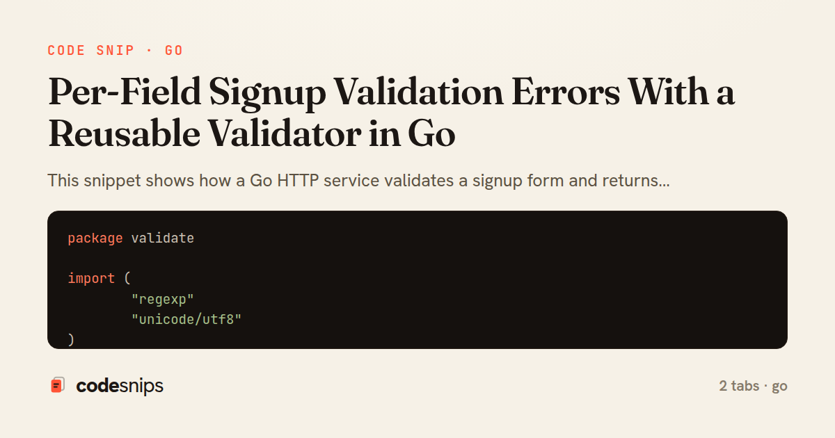 Per-Field Signup Validation Errors With a Reusable Validator in Go — share card