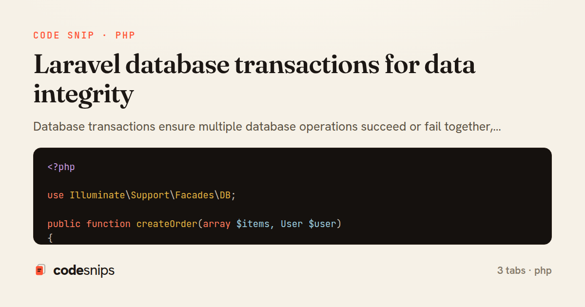 Laravel database transactions for data integrity — share card