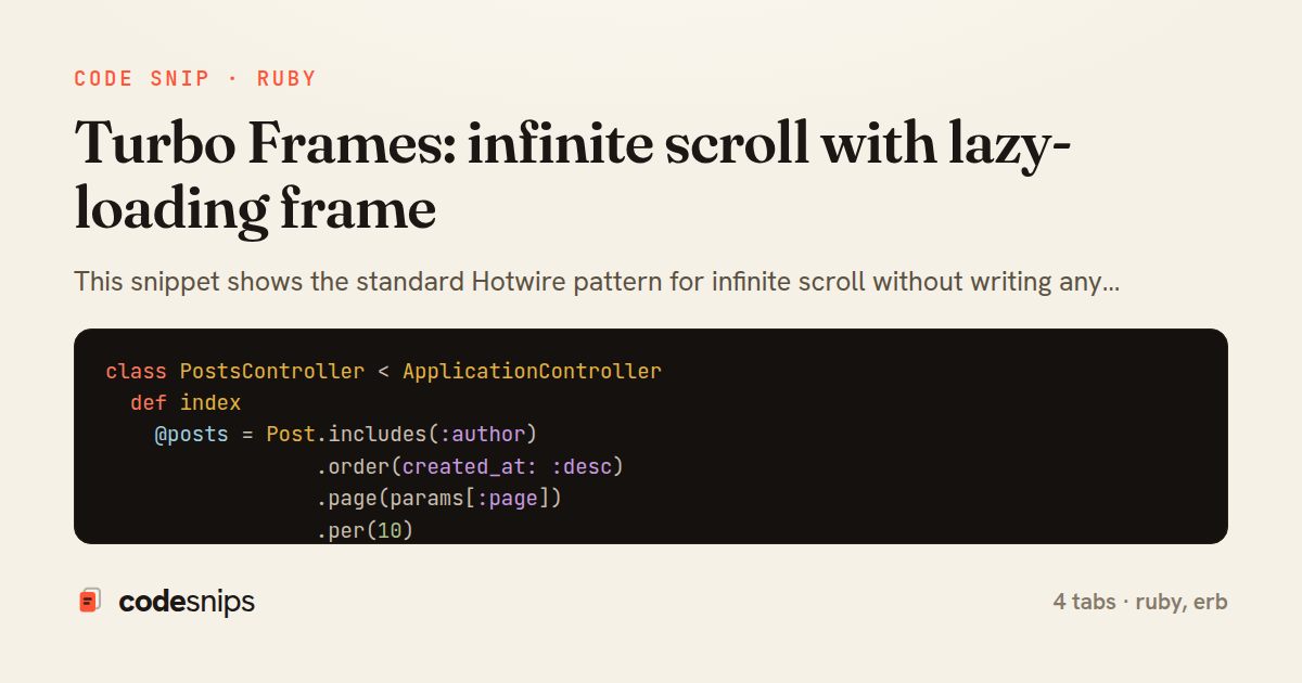 Turbo Frames: infinite scroll with lazy-loading frame — share card