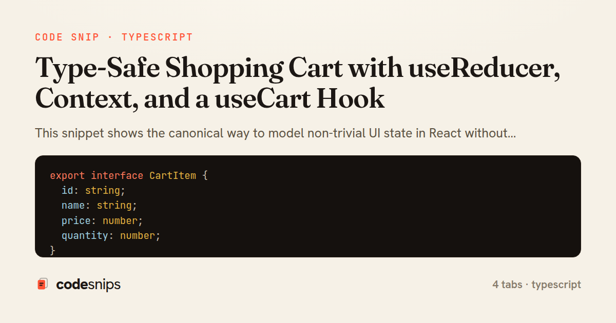 Type-Safe Shopping Cart with useReducer, Context, and a useCart Hook — share card