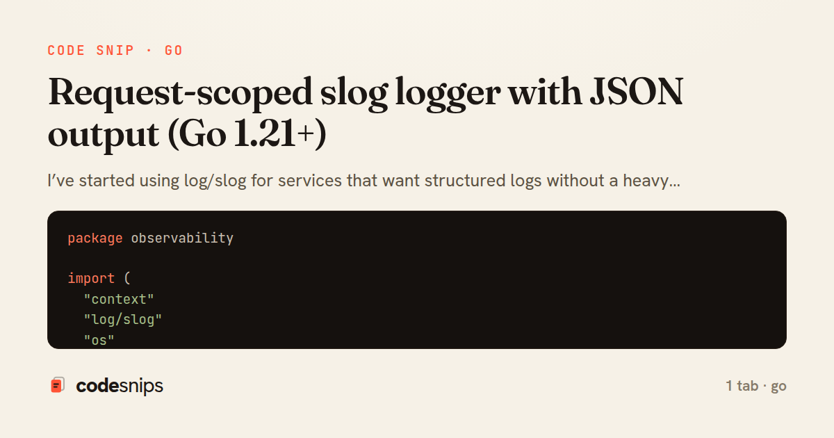 Request-scoped slog logger with JSON output (Go 1.21+) — share card