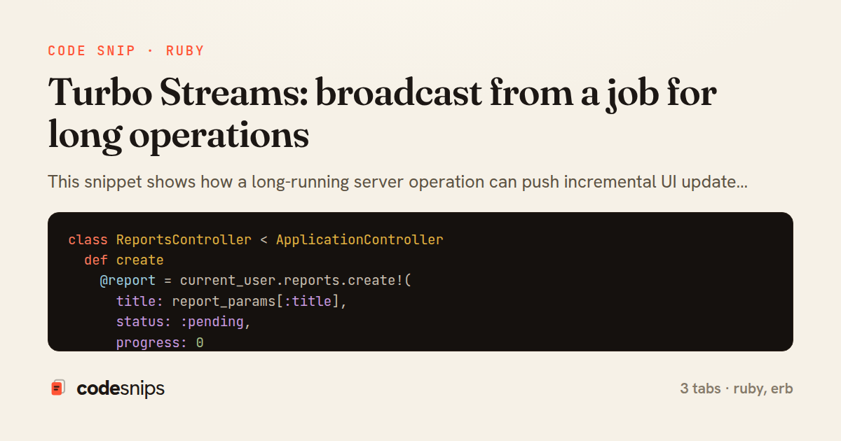 Turbo Streams: broadcast from a job for long operations — share card