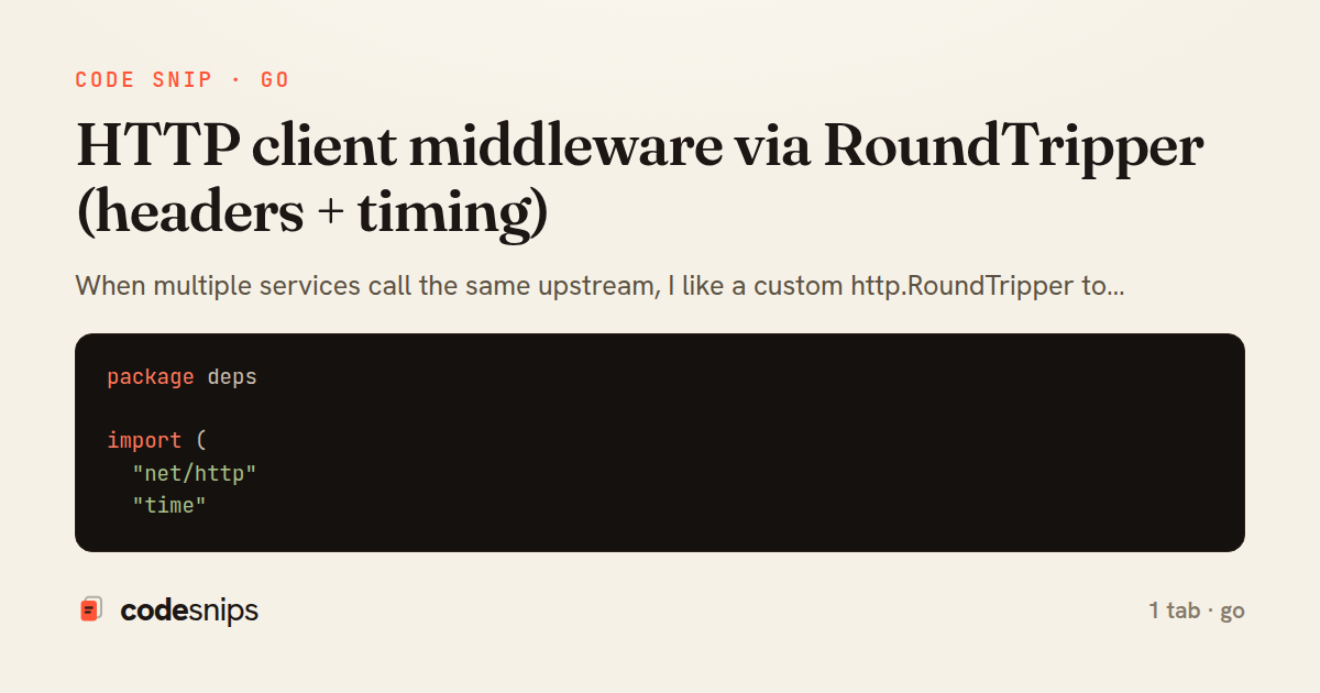 HTTP client middleware via RoundTripper (headers + timing) — share card