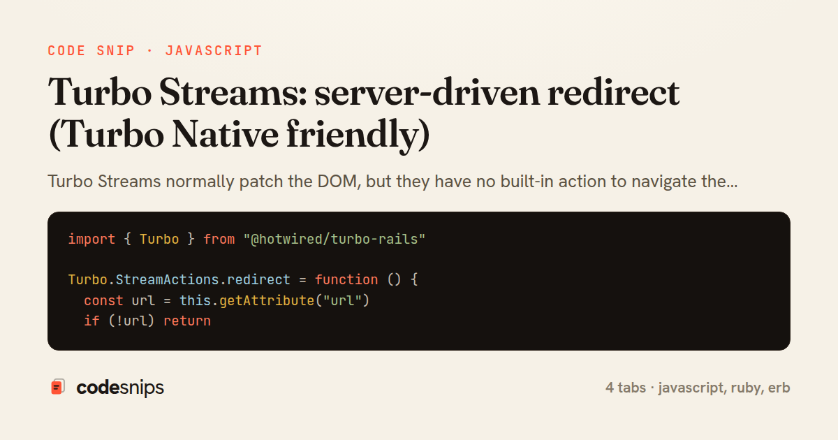 Turbo Streams: server-driven redirect (Turbo Native friendly) — share card