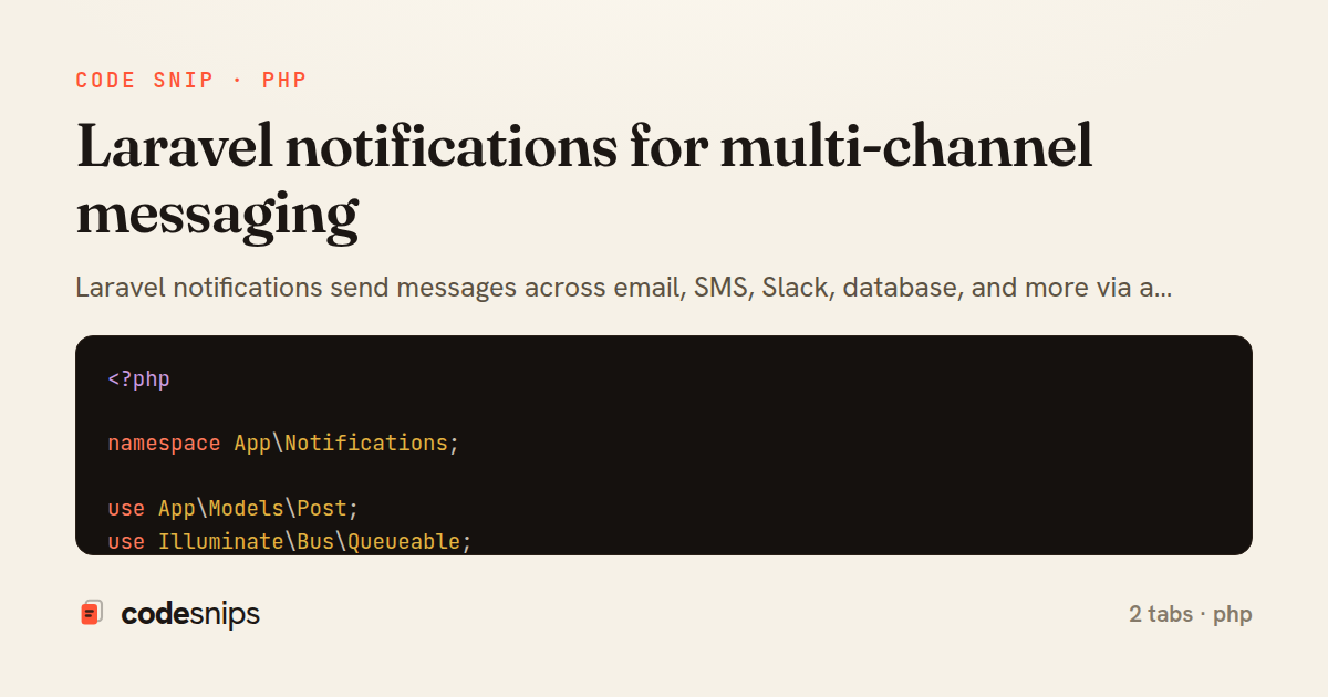 Laravel notifications for multi-channel messaging — share card