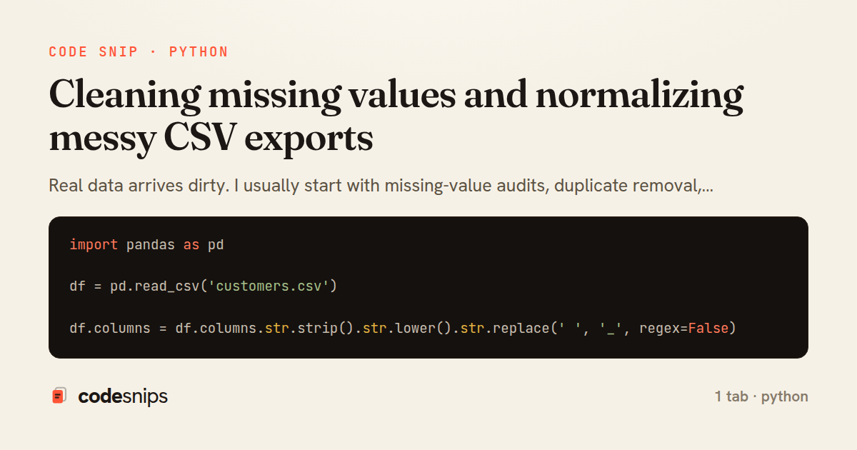 Cleaning missing values and normalizing messy CSV exports — share card