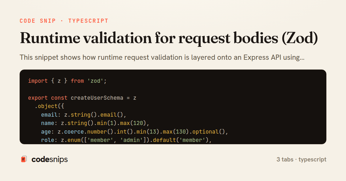 Runtime validation for request bodies (Zod) — share card