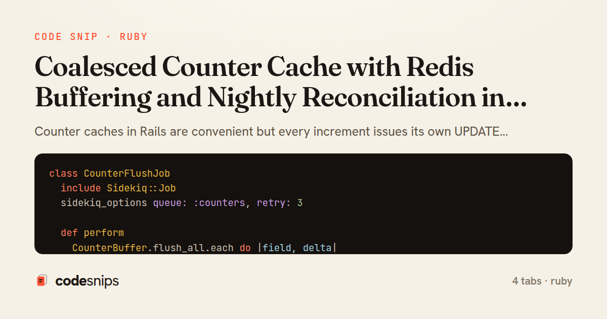 Coalesced Counter Cache with Redis Buffering and Nightly Reconciliation in Rails — share card
