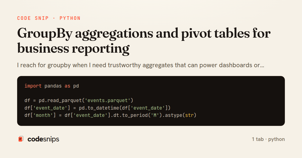 GroupBy aggregations and pivot tables for business reporting — share card