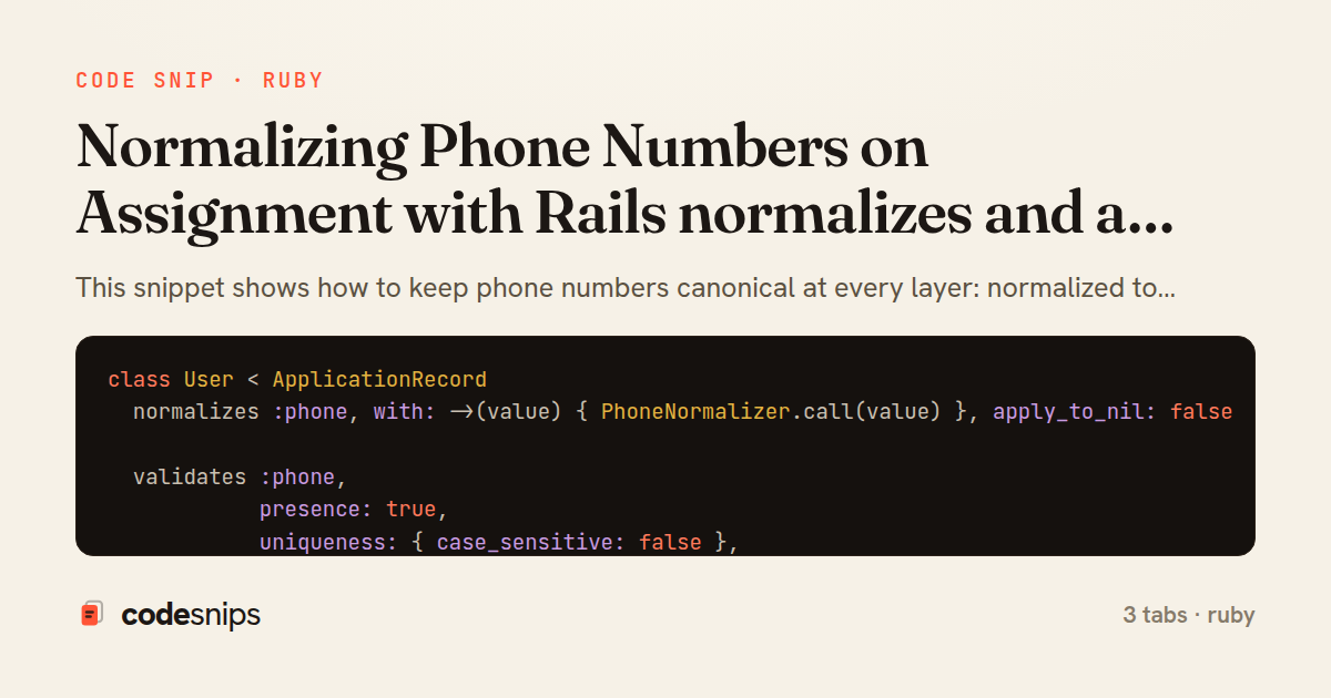 Normalizing Phone Numbers on Assignment with Rails normalizes and a Custom Serializer — share card