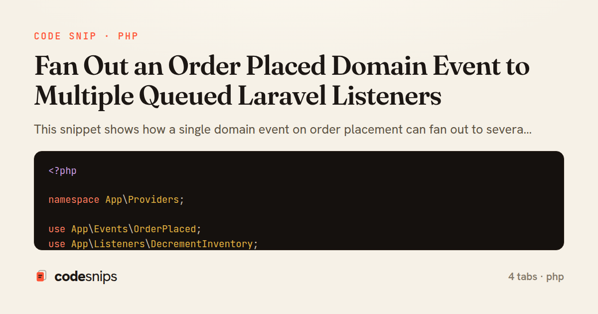 Fan Out an Order Placed Domain Event to Multiple Queued Laravel Listeners — share card