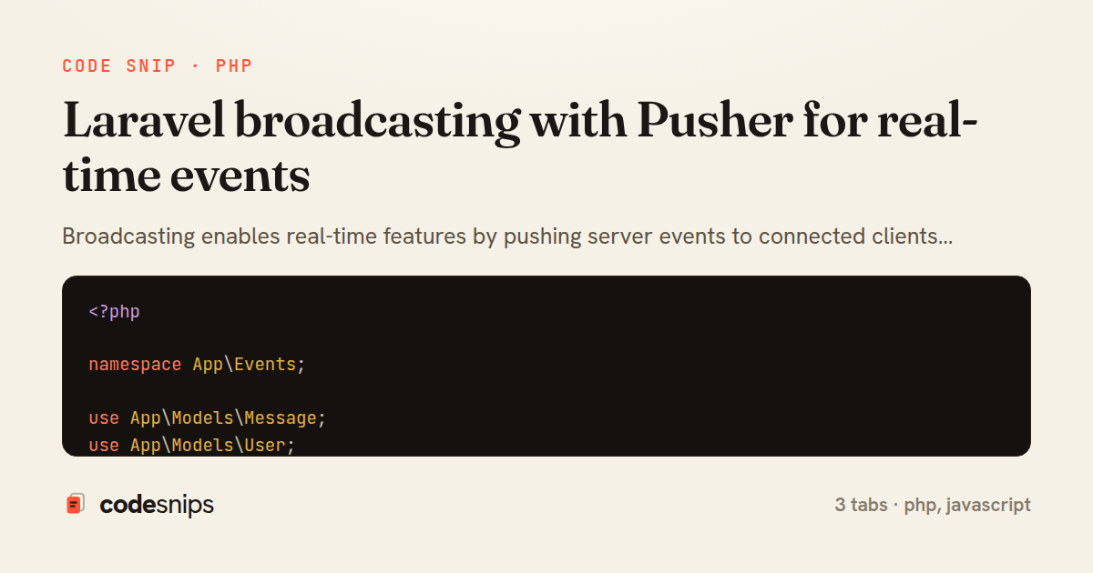 Laravel broadcasting with Pusher for real-time events — share card