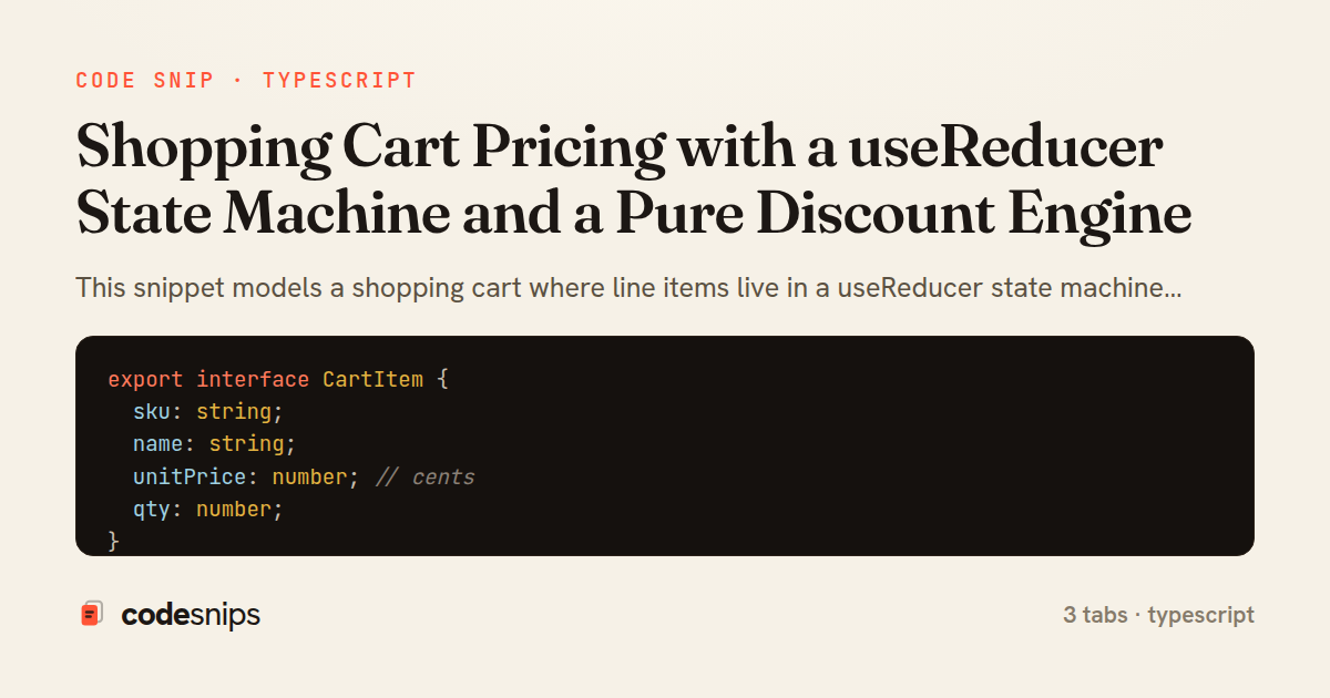 Shopping Cart Pricing with a useReducer State Machine and a Pure Discount Engine — share card