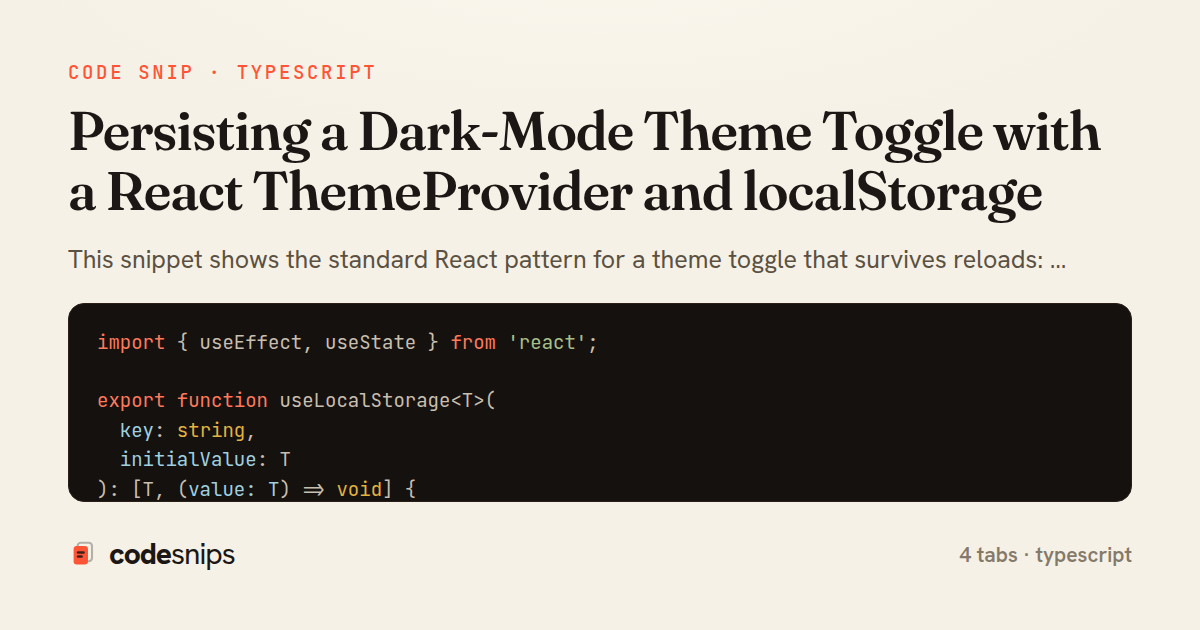 Persisting a Dark-Mode Theme Toggle with a React ThemeProvider and localStorage — share card