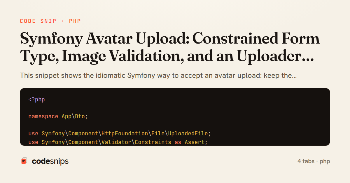Symfony Avatar Upload: Constrained Form Type, Image Validation, and an Uploader Service — share card