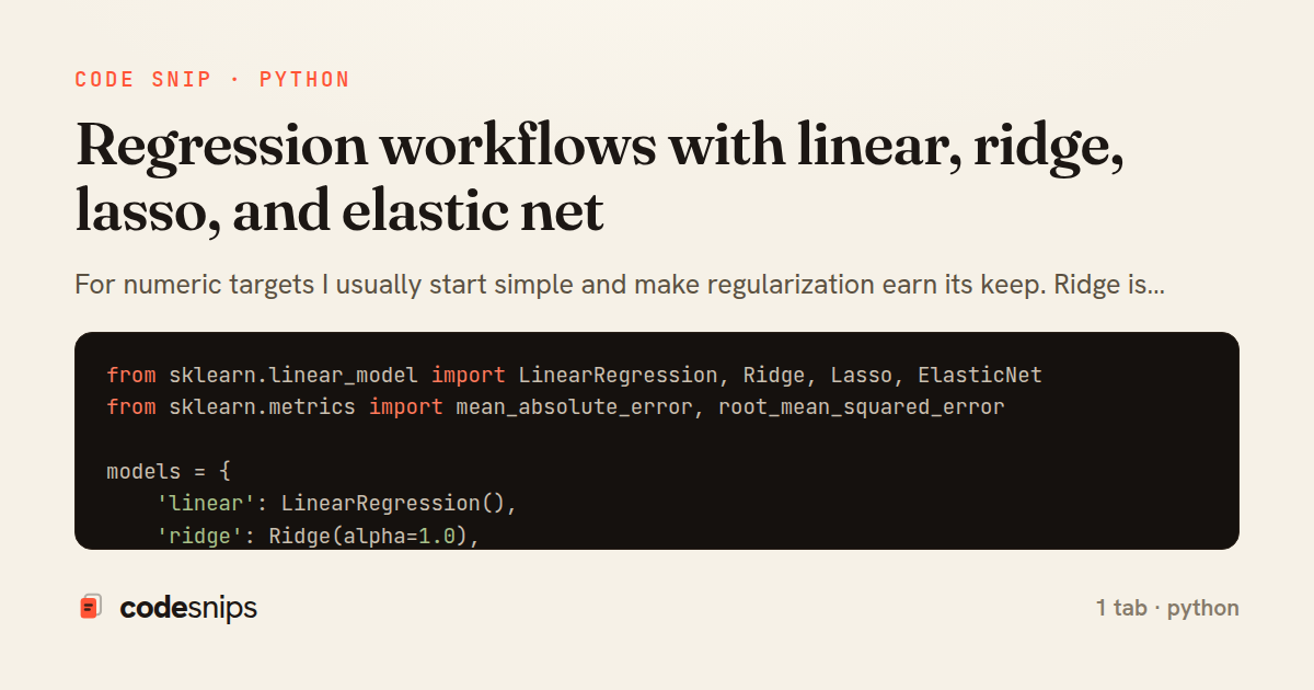 Regression workflows with linear, ridge, lasso, and elastic net — share card