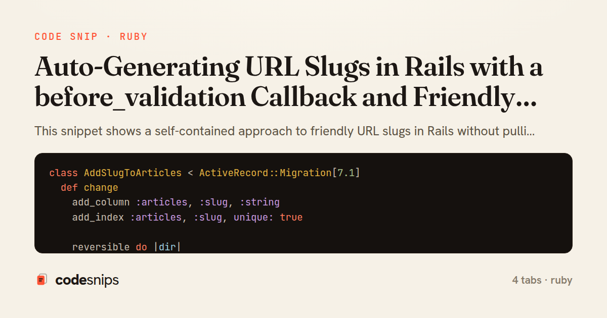Auto-Generating URL Slugs in Rails with a before_validation Callback and Friendly Finder — share card