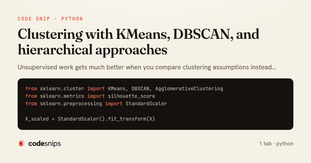 Clustering with KMeans, DBSCAN, and hierarchical approaches — share card