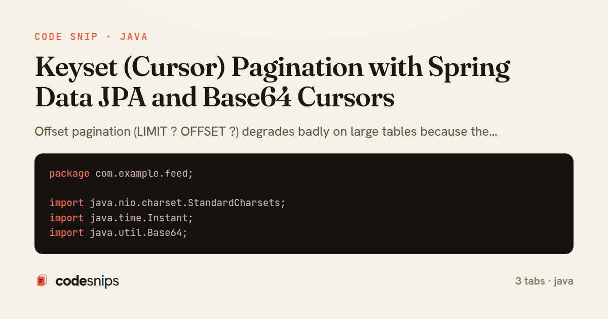 Keyset (Cursor) Pagination with Spring Data JPA and Base64 Cursors — share card