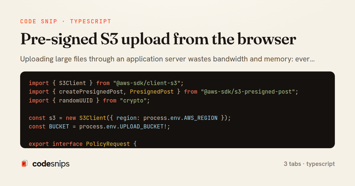 Pre-signed S3 upload from the browser — share card