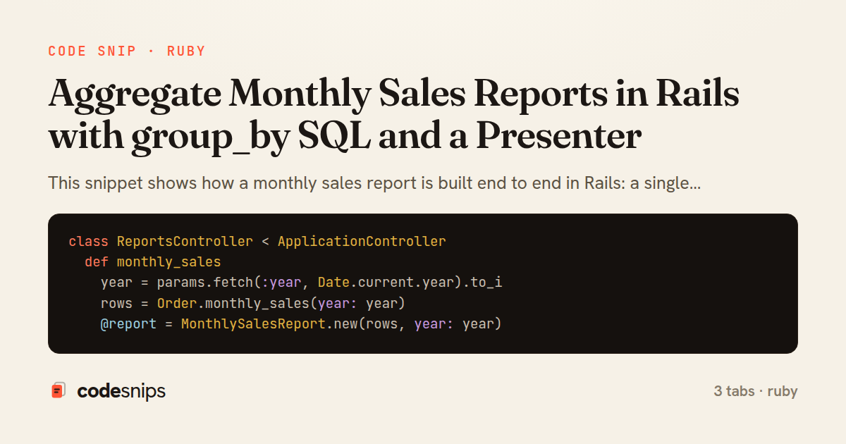 Aggregate Monthly Sales Reports in Rails with group_by SQL and a Presenter — share card
