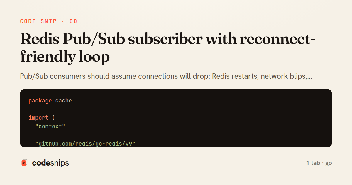 Redis Pub/Sub subscriber with reconnect-friendly loop — share card