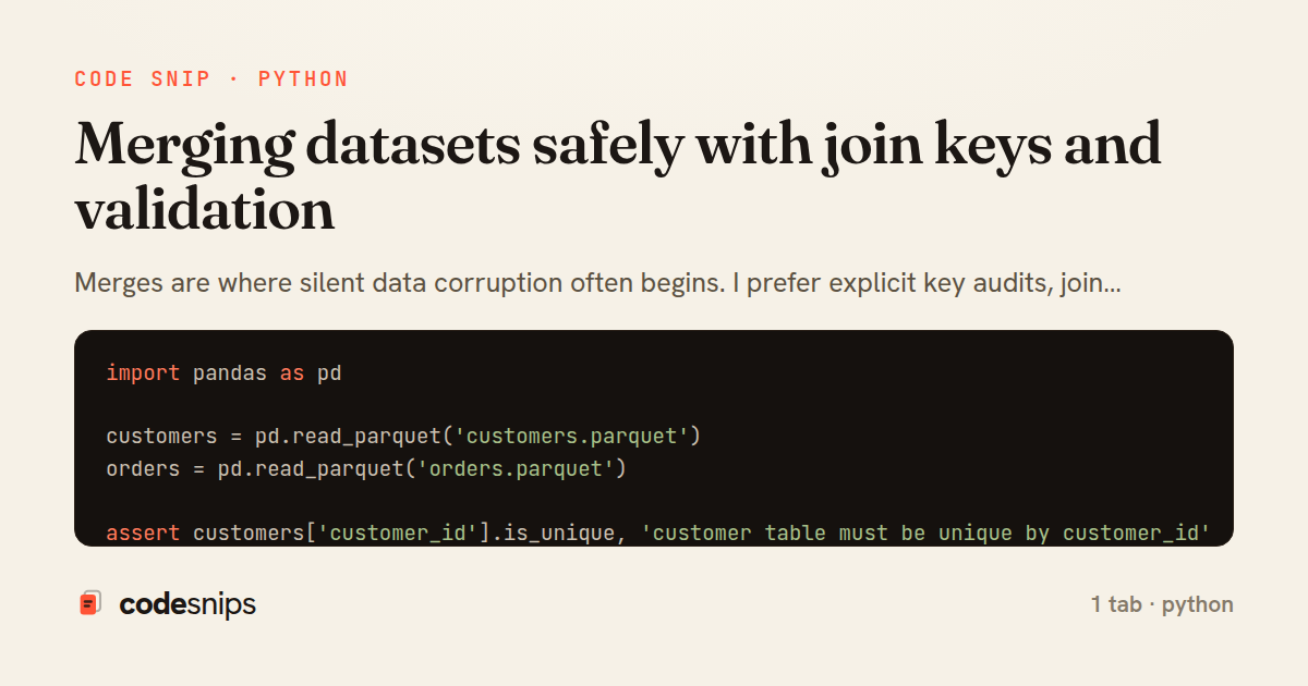 Merging datasets safely with join keys and validation — share card