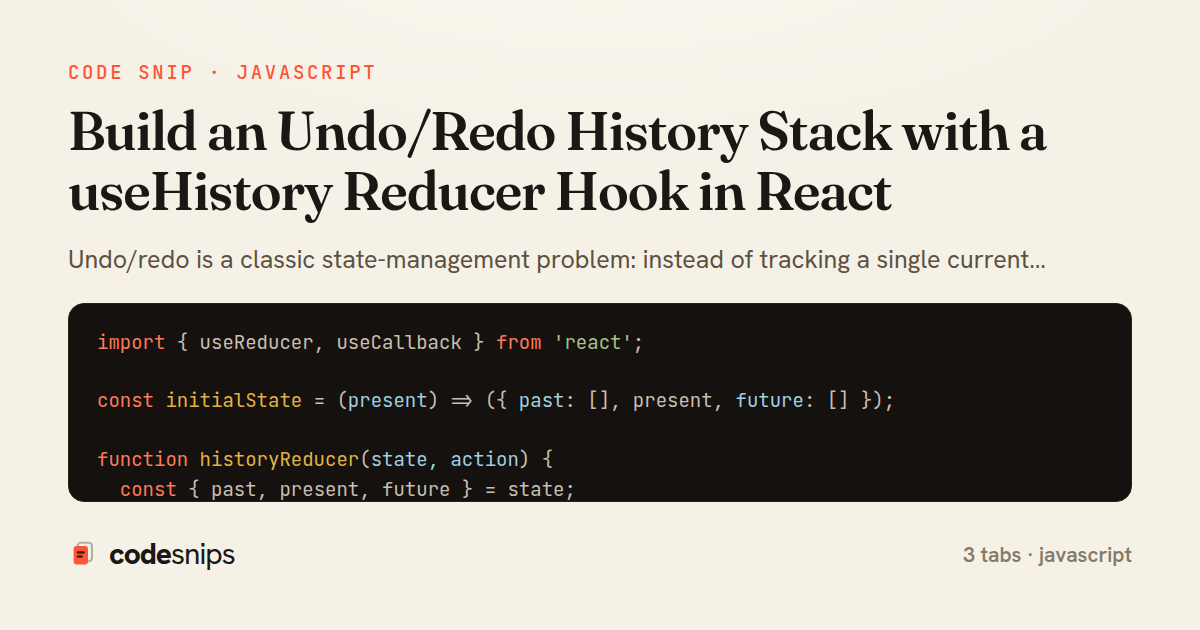 Build an Undo/Redo History Stack with a useHistory Reducer Hook in React — share card