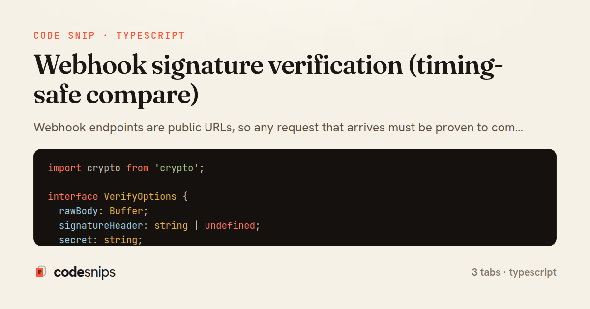 Webhook signature verification (timing-safe compare) — share card