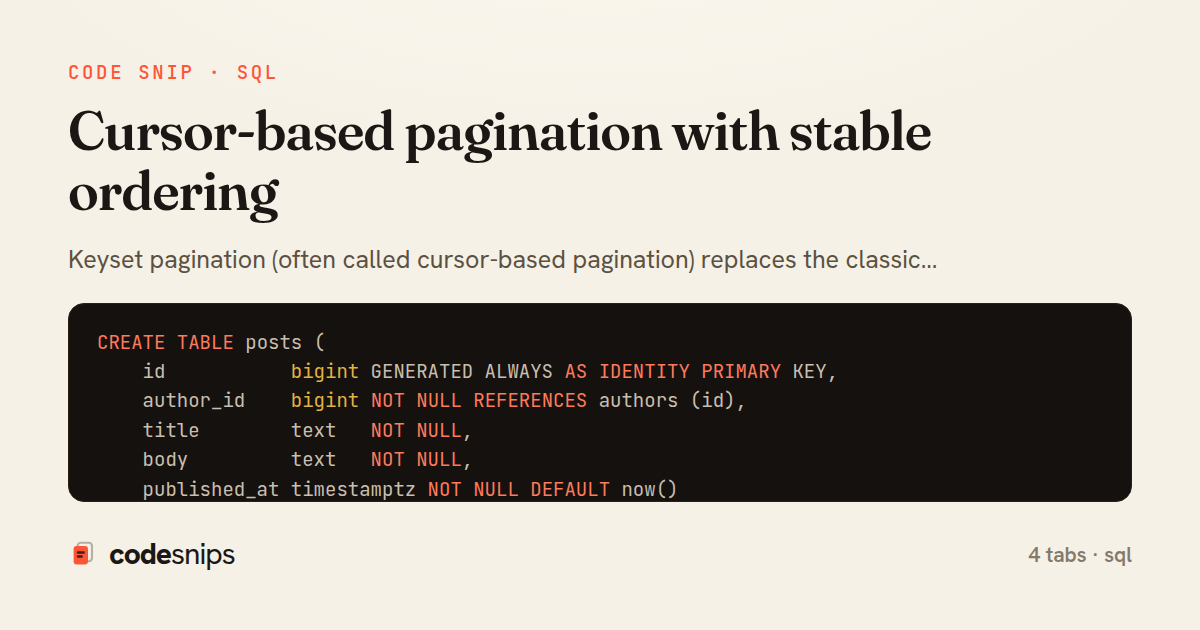 Cursor-based pagination with stable ordering — share card