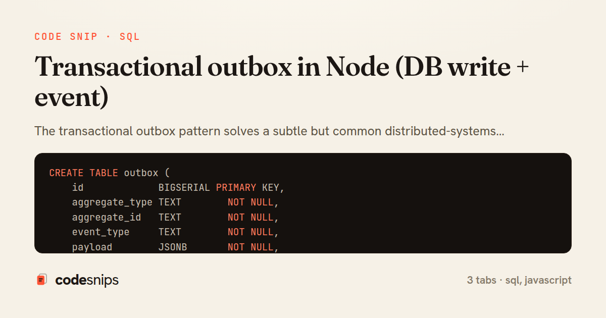 Transactional outbox in Node (DB write + event) — share card