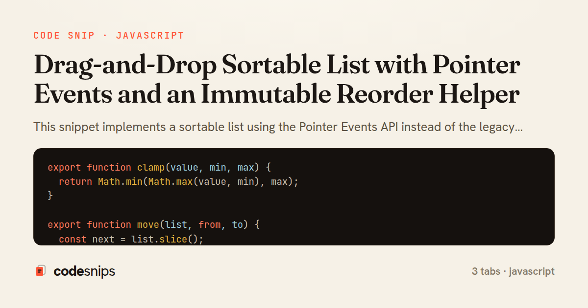 Drag-and-Drop Sortable List with Pointer Events and an Immutable Reorder Helper — share card