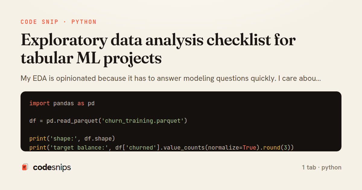 Exploratory data analysis checklist for tabular ML projects — share card