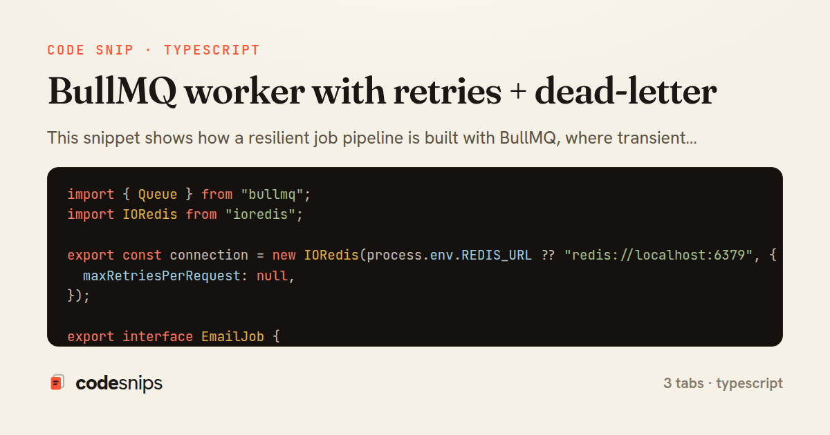 BullMQ worker with retries + dead-letter — share card