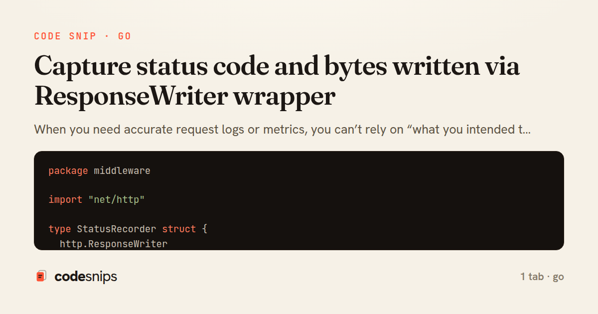 Capture status code and bytes written via ResponseWriter wrapper — share card