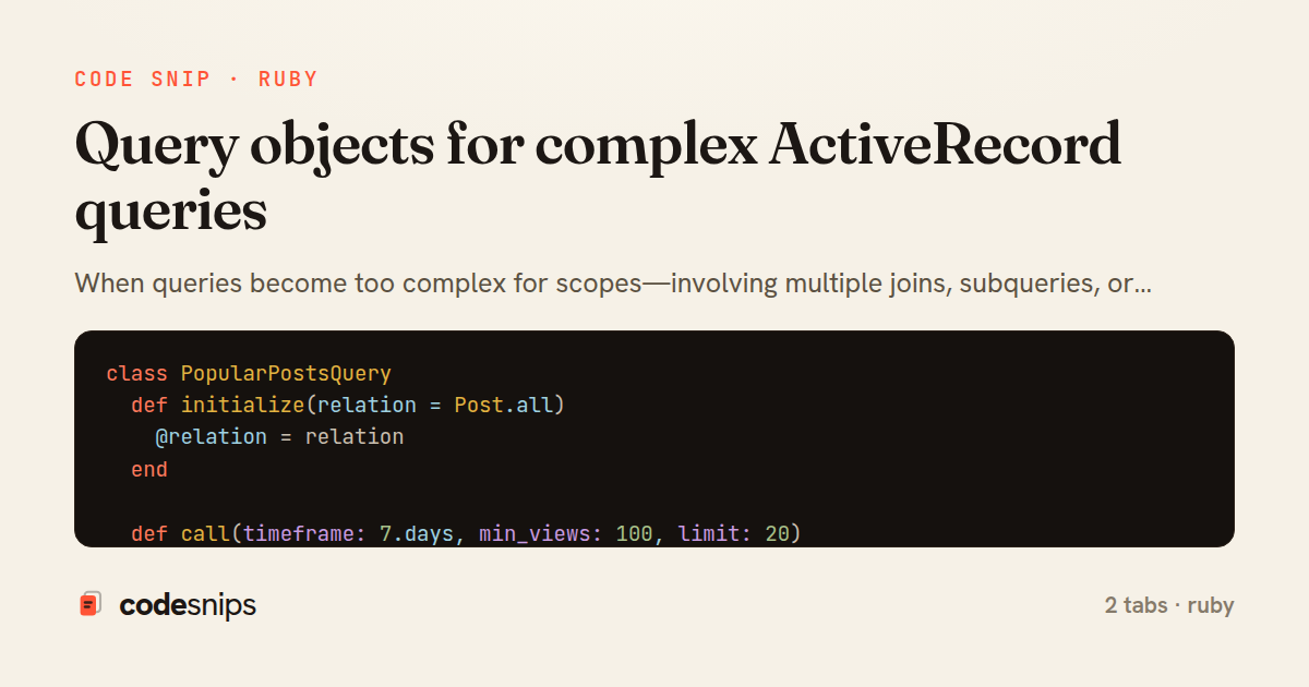 Query objects for complex ActiveRecord queries — share card