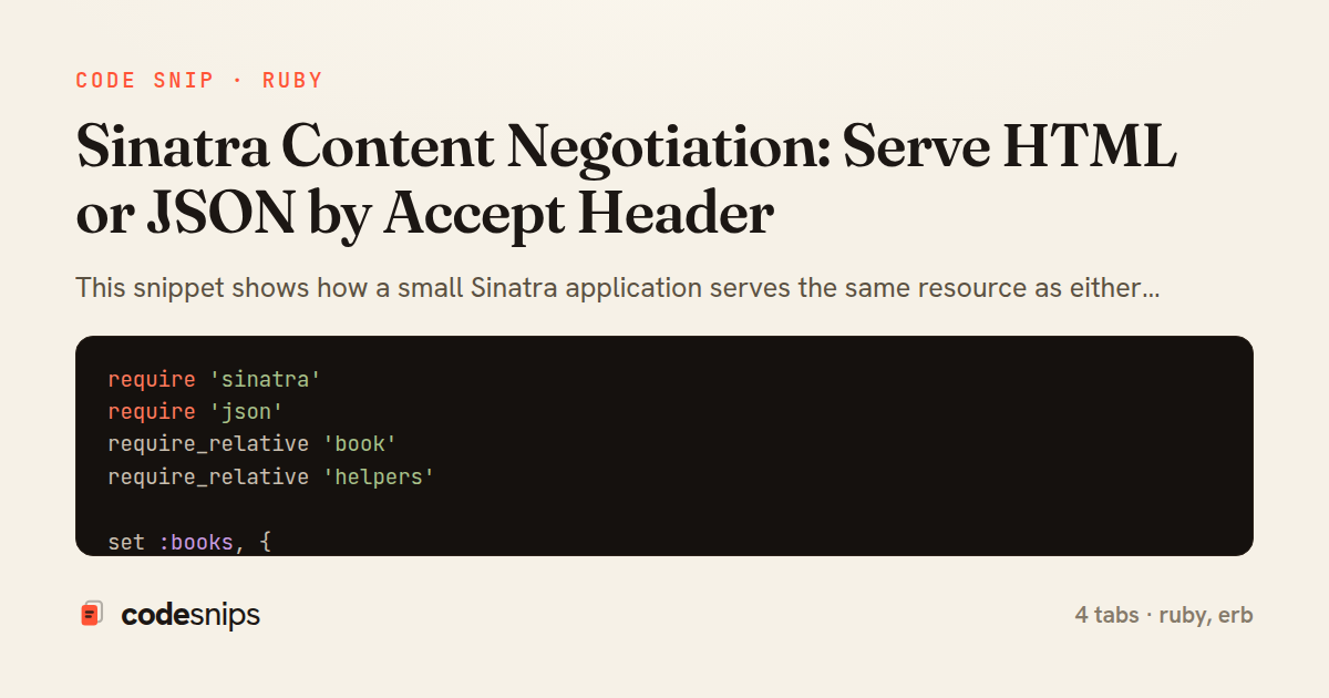 Sinatra Content Negotiation: Serve HTML or JSON by Accept Header — share card